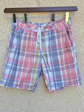 Plaid Drawstring Swim Trunks in Coral, Blue & Yellow